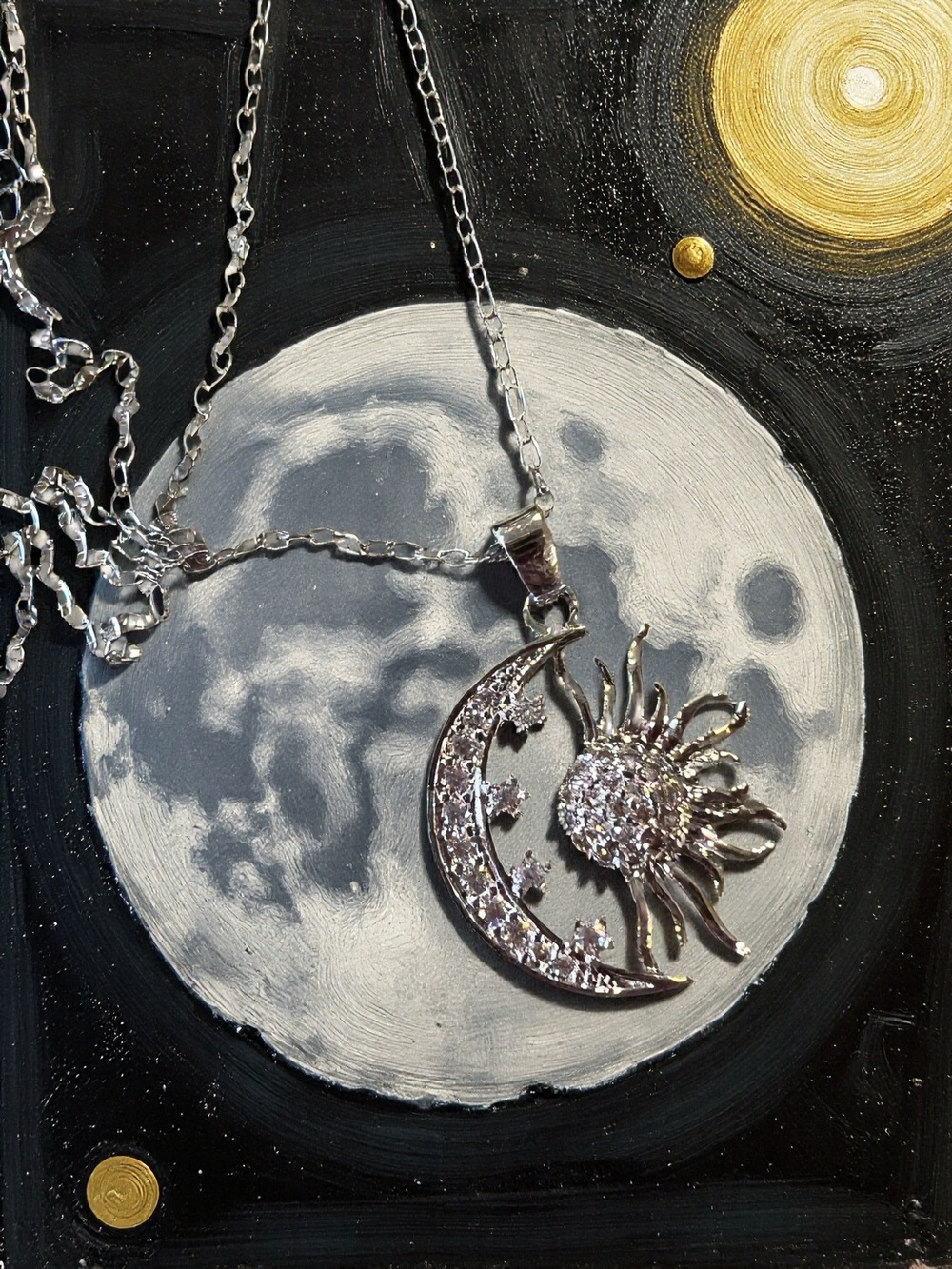 Silver Sun, Stars, and Moon Pendant Necklace - Celestial Sparkle - Picture 13 of 17